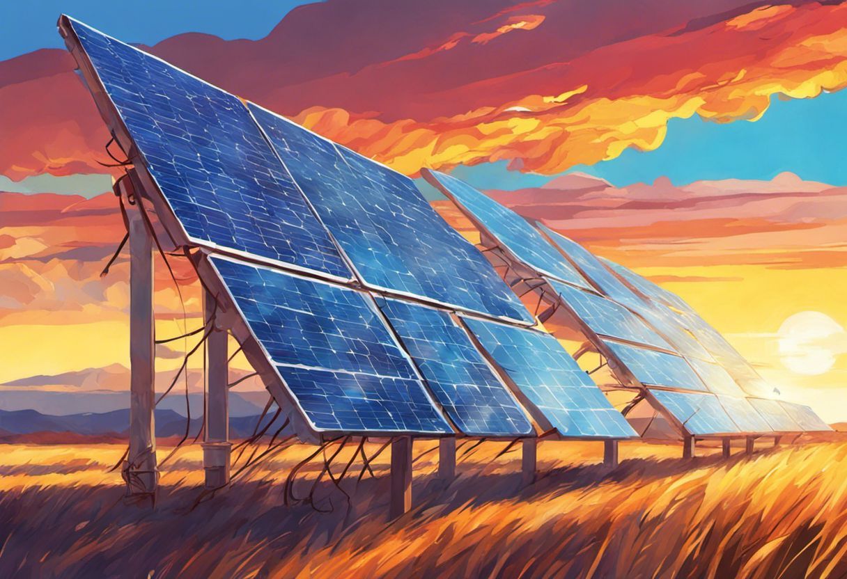 Digital painting of sunny sky, solar panels generating electricity.